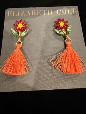 Elizabeth Cole Designer Orange Flower Tassel Drop Crystal Earrings